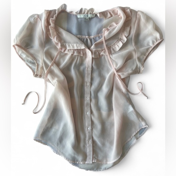 Y2K Forever 21 Womens Pink Ruffle Sheer Puff Sleeve Coquette Babydoll Large - Picture 3 of 7